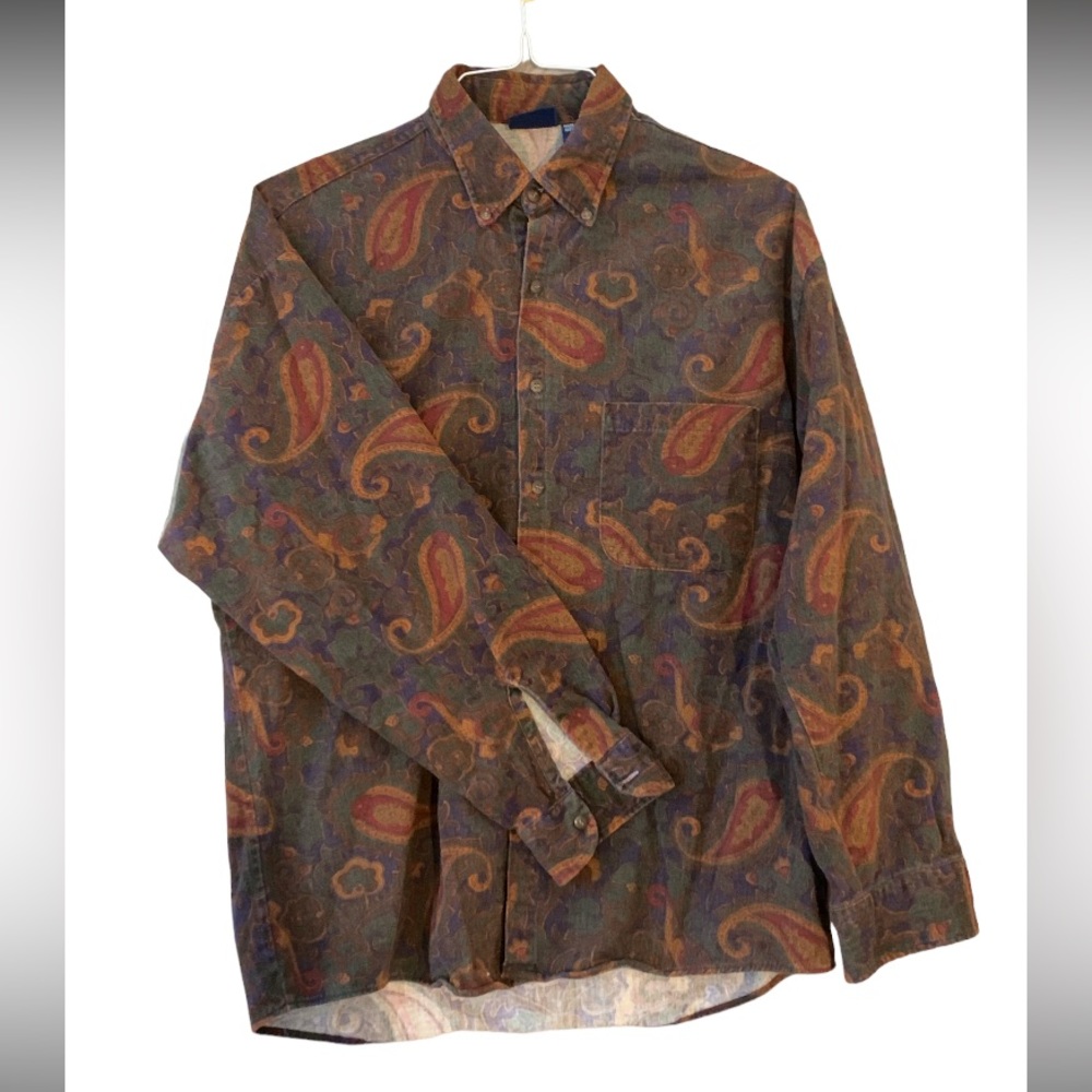 Vintage Flannel Cotton Maroon-Tone Paisley Button down Long Sleeve Shirt, Size M